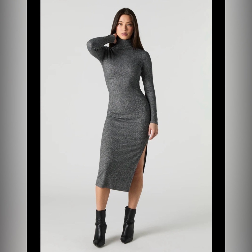 Fashion Nova Ribbed Turtleneck Bodycon Smoke Gray Maxi Dress Size M